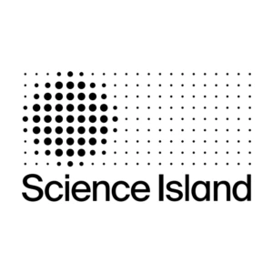 Black &ldquo;Science Island&rdquo; logo on a white background, featuring a geometric pattern of black dots of varying sizes above the name.