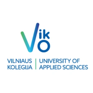 Blue and green Vilnius University of Applied Sciences (VIKO) logo on a white background, featuring a stylized symbol above the institution&rsquo;s name in Lithuanian and English.