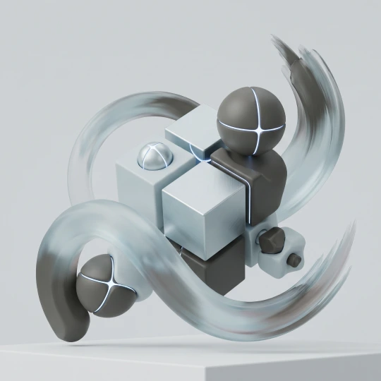 Artificial Intelligence in Education: From Tools to Meaningful Learning Activities Abstract 3D illustration featuring floating light grey cubes, dark metallic spheres with glowing white lines, and flowing translucent silver ribbons, arranged in a dynamic geometric composition against a soft grey background.