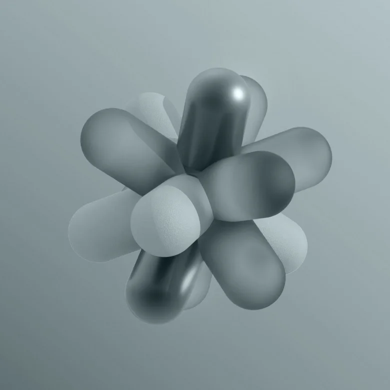 Abstract composition of overlapping, rounded three-dimensional geometric shapes in soft grey and blue tones.