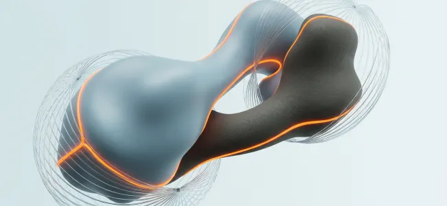 Collaboration and Inclusion Two interlocking light and dark curved shapes, encircled by glowing orange lines and a network of thin strands.
