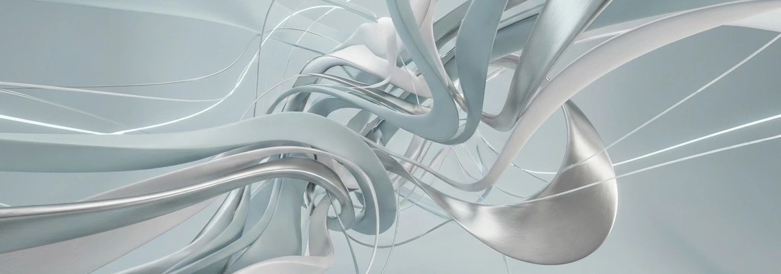 Contacts Abstract 3D illustration featuring flowing, intertwined metallic ribbons in soft blue and silver tones.