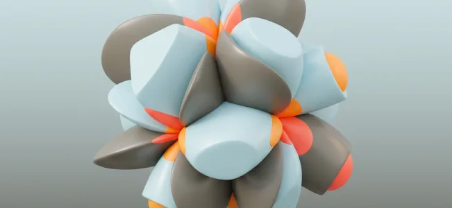 Continuous Growth A cluster of light and dark geometric shapes with orange and coral petal-shaped details.
