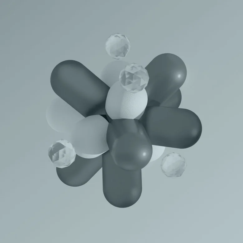 Abstract composition of overlapping, rounded three-dimensional geometric shapes in soft grey and blue tones.