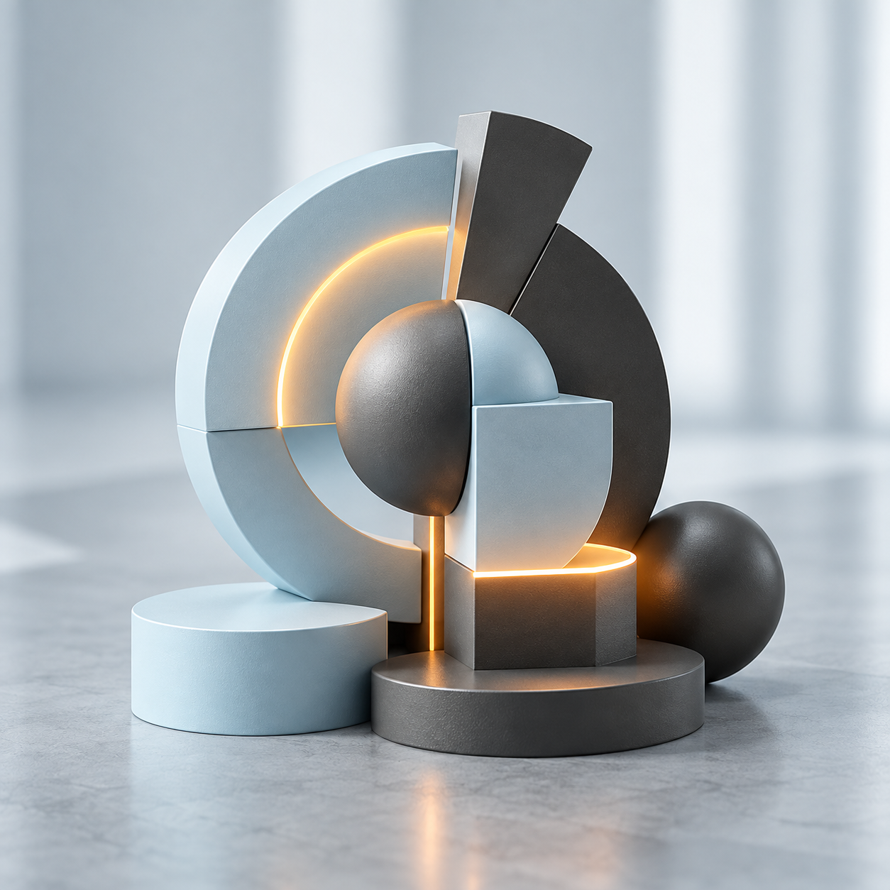 Abstract 3D illustration featuring interlocking circular and semicircular geometric shapes in light blue and dark grey, complemented by metallic spheres and glowing orange accents, arranged on cylindrical platforms against a soft grey background.