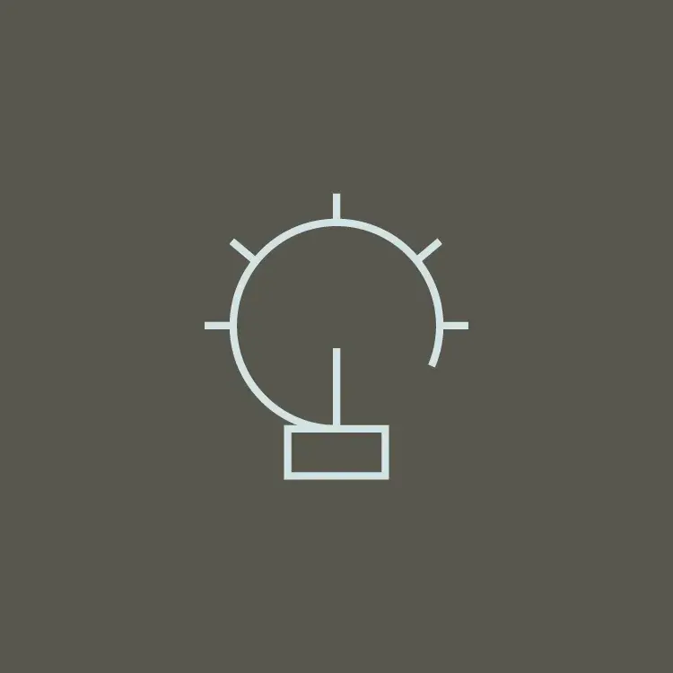 Ingenuity Minimalist light blue icon resembling a light bulb with radiating lines, symbolizing ingenuity and creative problem-solving.