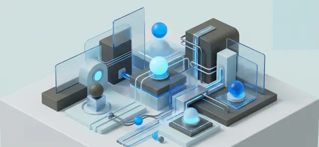 Innovation and Technology Blocks, spheres, and transparent panels connected by glowing blue lines, resembling a network of technology.