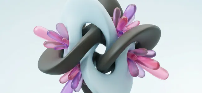 Interdisciplinarity and Creativity Intertwining light and dark flowers, complemented by translucent pink and purple petal shapes.