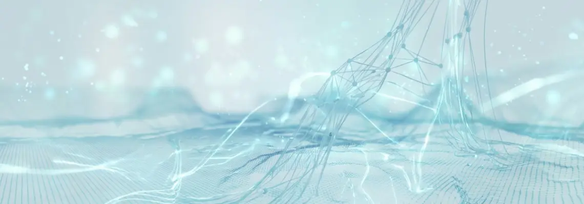 An abstract light blue network with interconnected lines and points of light.