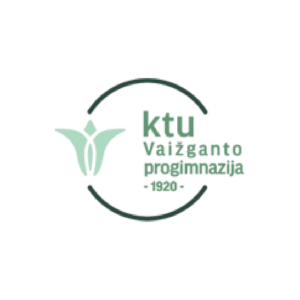 KTU Vaižgantas Progymnasium logo featuring a stylized light green human figure, the text &ldquo;KTU Vaižganto progimnazija&rdquo; and the year &ldquo;1920&rdquo;, framed by two dark green semicircular arcs.