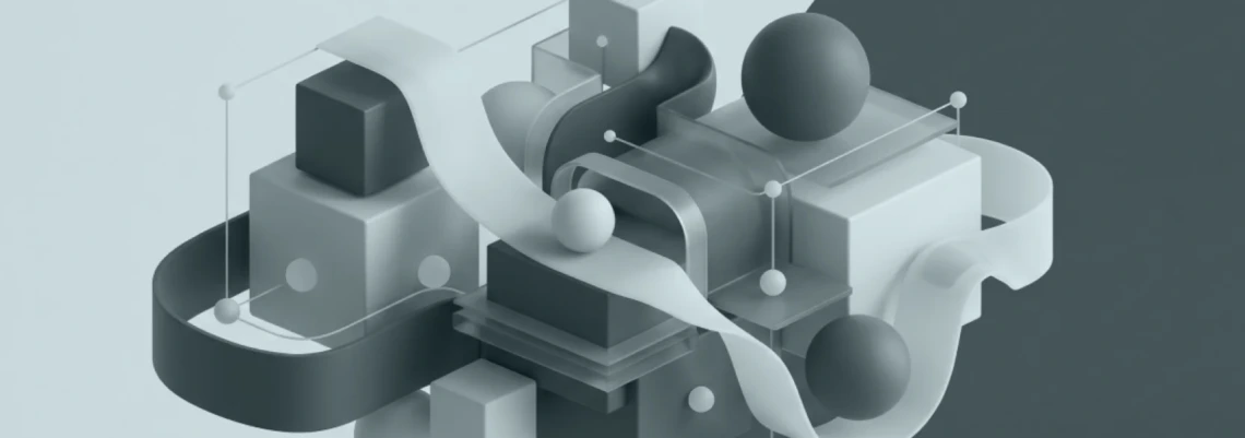 Abstract 3D illustration featuring interconnected geometric blocks, spheres, flowing ribbons and fine lines in shades of blue and grey.