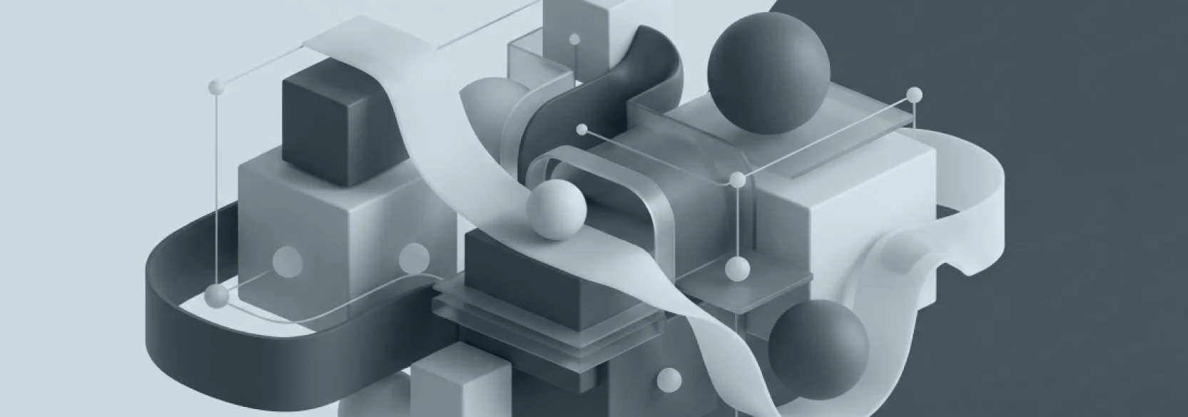 Narrative Data Analysis and Cognitive Processes Laboratory Abstract 3D illustration featuring interconnected geometric blocks, spheres, flowing ribbons and fine lines in shades of blue and grey.