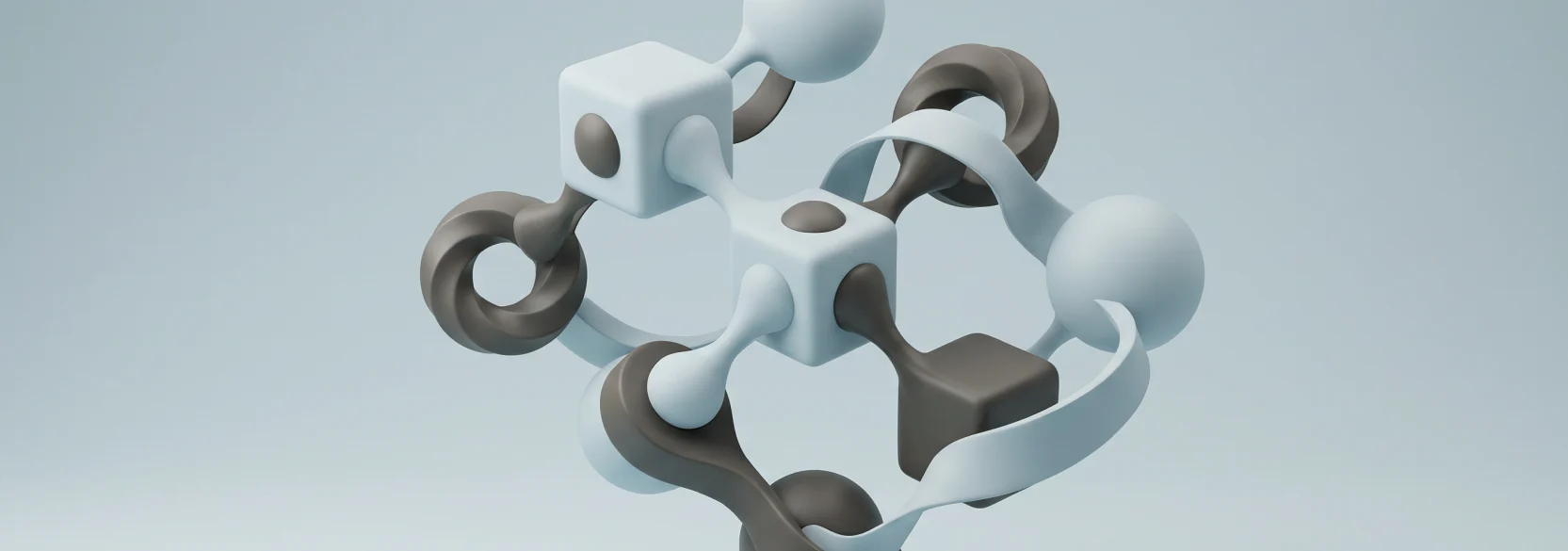 STEAM Education Solutions Prototyping and Research Laboratory Abstract 3D illustration featuring interconnected cubes, spheres, circular elements and curved ribbons, representing STEAM innovation and collaboration.