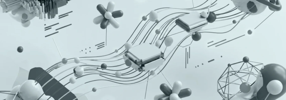 Abstract 3D illustration featuring interconnected microchips, flowing data lines, geometric networks and spheres, symbolising learning analytics and digital technologies.