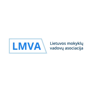Lithuanian School Leaders&rsquo; Association (LMVA) logo featuring blue &ldquo;LMVA&rdquo; lettering inside a light blue geometric outline, alongside the Lithuanian text &ldquo;Lietuvos mokyklų vadovų asociacija&rdquo;.