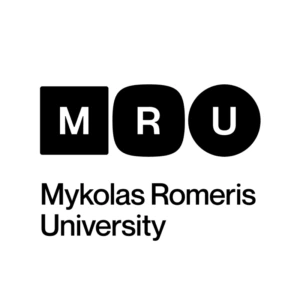 Black Mykolas Romeris University (MRU) logo on a white background, featuring stylized &ldquo;MRU&rdquo; letters above the university&rsquo;s full name in English.
