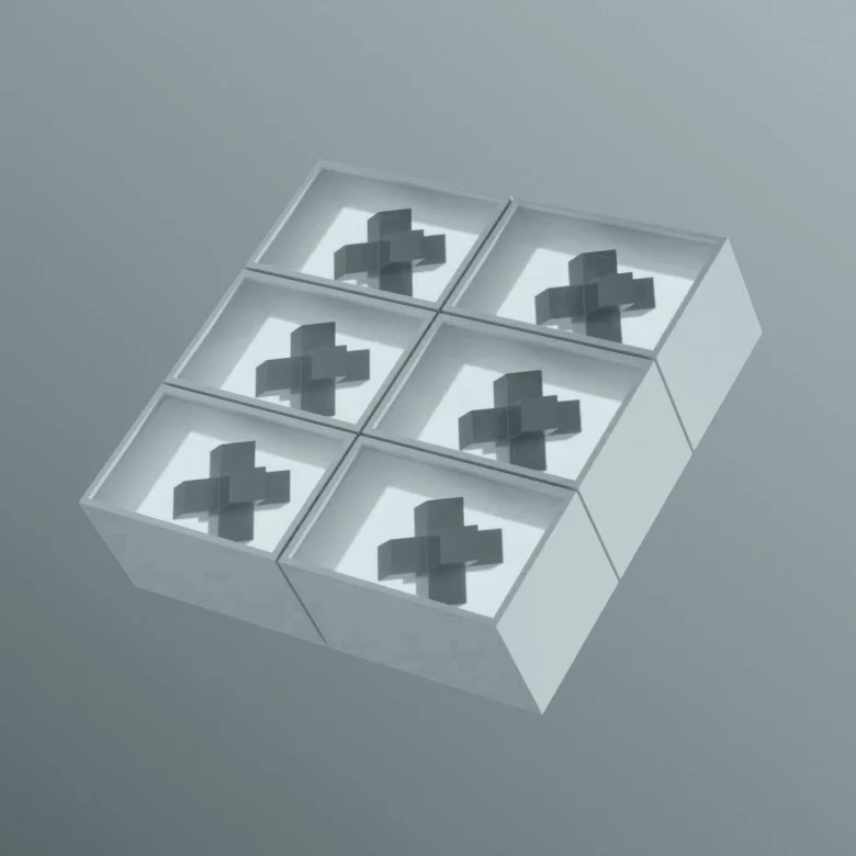 Abstract three-dimensional composition of six transparent geometric blocks arranged in a grid, each containing a dark cross-shaped element, in soft grey and blue tones.