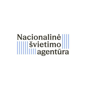National Education Agency logo featuring dark grey Lithuanian text &ldquo;Nacionalinė &scaron;vietimo agentūra&rdquo; and decorative vertical light blue lines.