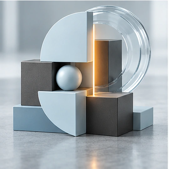 Abstract 3D illustration featuring interlocking circular and semicircular geometric shapes