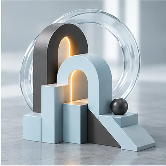 Abstract 3D illustration featuring interlocking circular and semicircular geometric shapes
