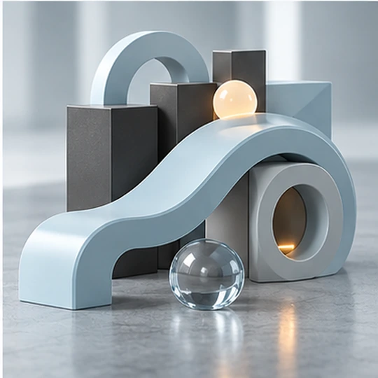 Abstract 3D illustration featuring interlocking circular and semicircular geometric shapes