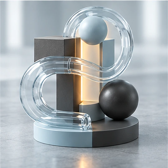 Abstract 3D illustration featuring interlocking circular and semicircular geometric shapes
