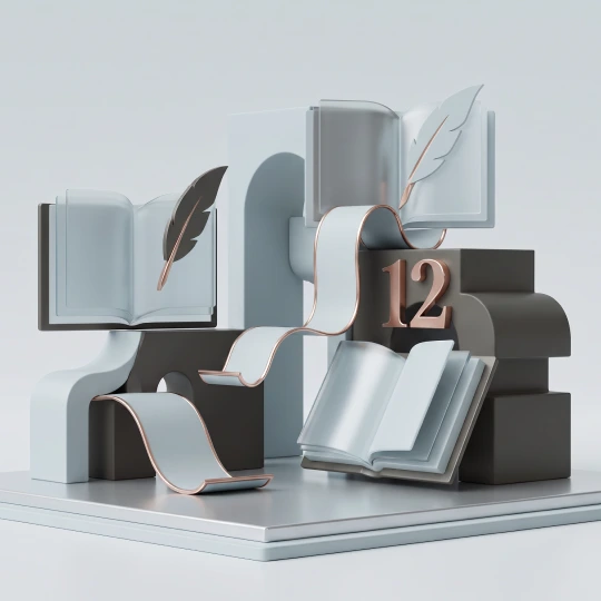 3D illustration featuring open books, feather quills, flowing paper scrolls and geometric architectural shapes in soft grey, black and rose-gold tones, with the number &ldquo;12&rdquo; displayed on a dark structure.
