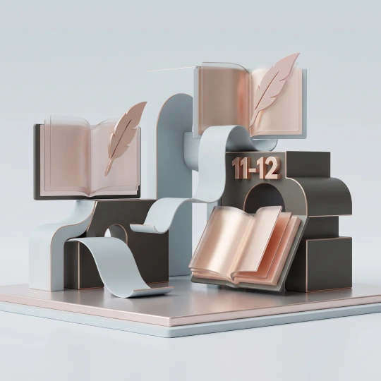 3D illustration featuring open books, feather quills, flowing paper scrolls and geometric architectural shapes in soft grey, black and rose-gold tones, with the numbers &ldquo;11&ndash;12&rdquo; displayed on a dark structure.