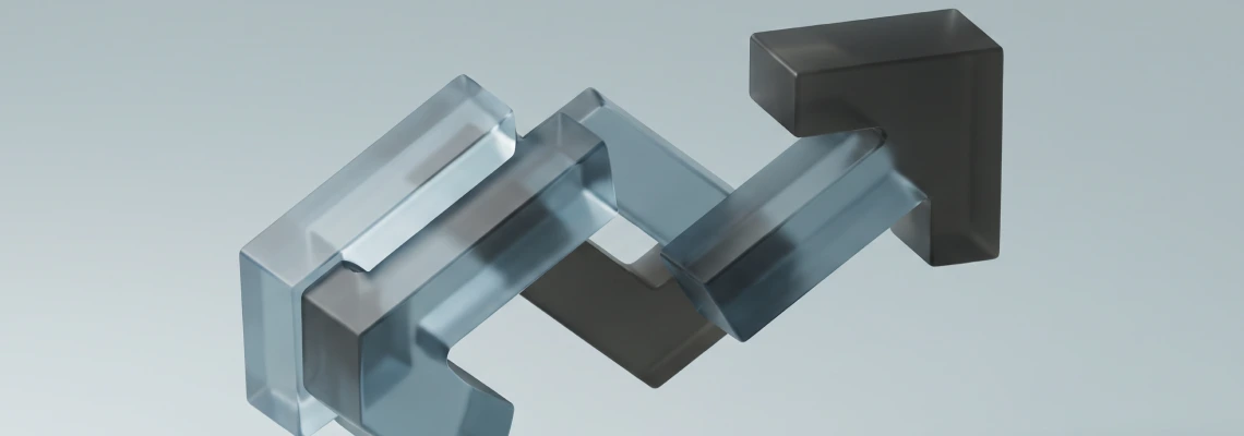 Abstract 3D illustration featuring interconnected cubes, spheres, circular rings and curved ribbons in soft blue and grey tones.