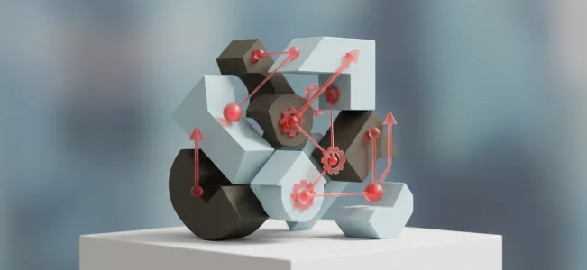 Research-Based Solutions A structure of geometric blocks with red gears, connected dots and directional arrows.