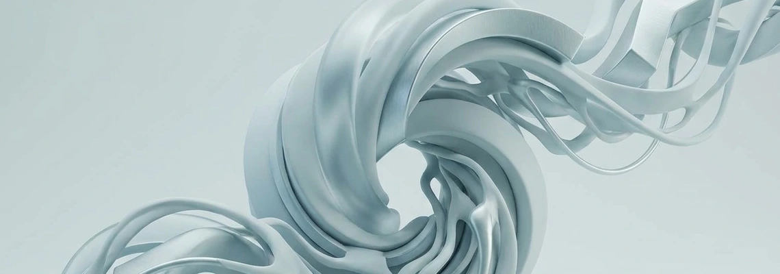 Abstract 3D illustration featuring intertwined metallic ribbons and flowing lines, symbolising scientific exploration and innovation.