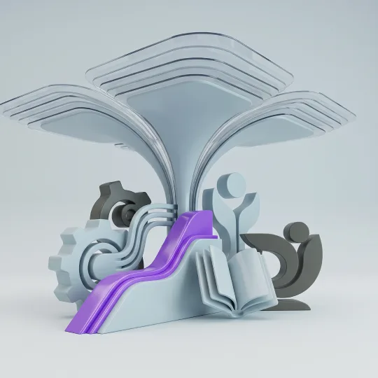 Seminar Five Generations Under One School Roof Abstract 3D illustration featuring an open book, interlocking gears, stylized human figures and flowing purple ribbons beneath a layered, tree-like structure, symbolizing education, innovation and collaboration.