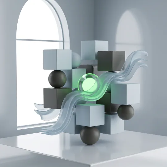 Seminar How to Use AI Assistants Abstract 3D illustration featuring floating geometric cubes and dark metallic spheres, intertwined with transparent flowing glass ribbons and a glowing green circular element, set in a minimalist light grey interior with arched windows.
