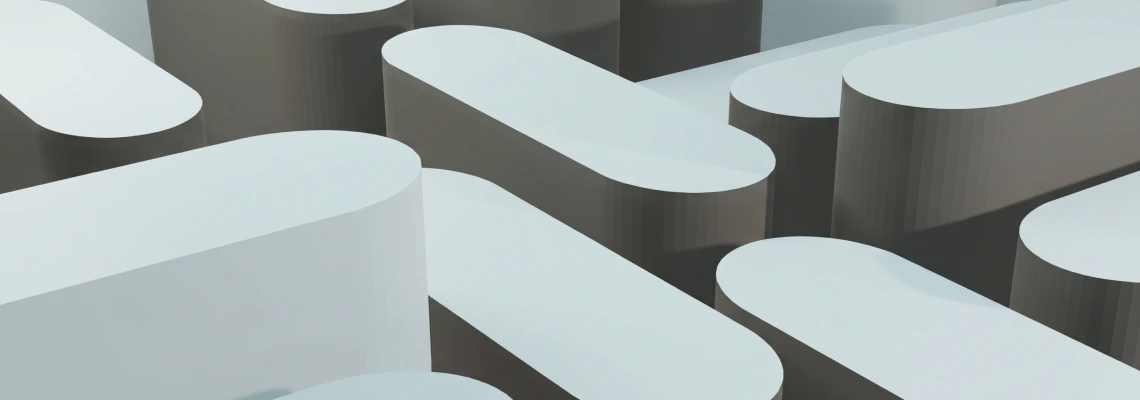 Abstract 3D illustration featuring a series of rounded rectangular blocks arranged in a geometric pattern.