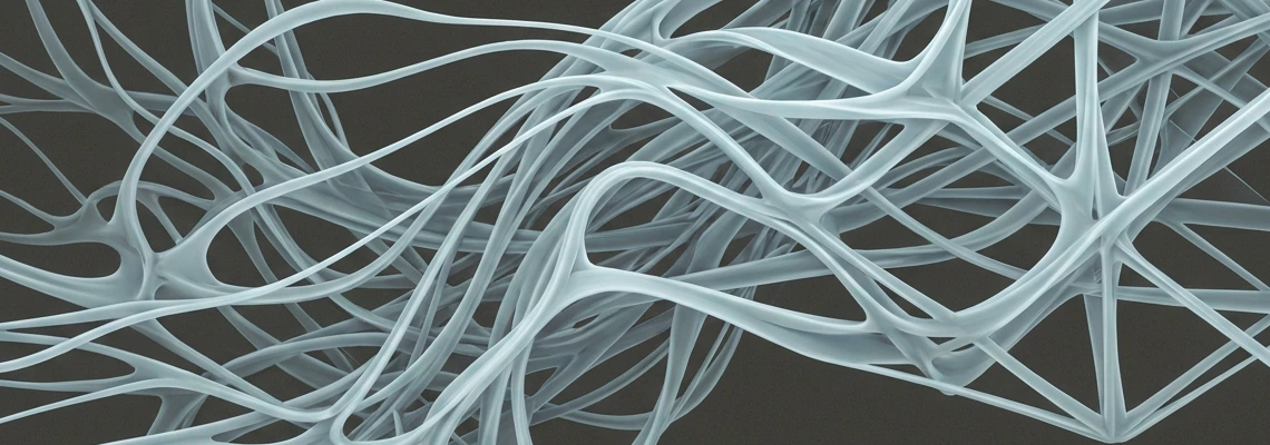 Abstract 3D illustration featuring an intricate network of interconnected, flowing light blue strands against a dark background.