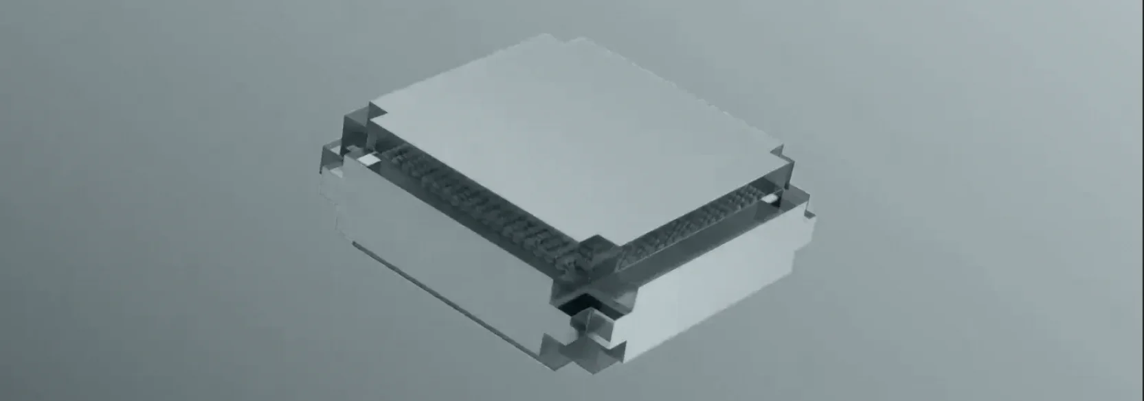 Abstract 3D illustration of a layered square structure resembling a microchip, featuring translucent dark grey edges and a light grey surface against a muted grey background.
