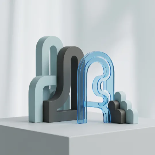 Workshop Difficult Conversations in the Classroom – Let’s Try Forum Theatre Abstract three-dimensional composition of intertwined, arch-shaped structures in soft grey, charcoal and translucent blue tones, arranged on a light platform.