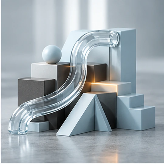 Workshop Outdoor Education – A Classroom Without Walls Abstract three-dimensional composition featuring a curved transparent glass tube, geometric blocks, a sphere and angular structures in soft grey and blue tones, with warm light accents.