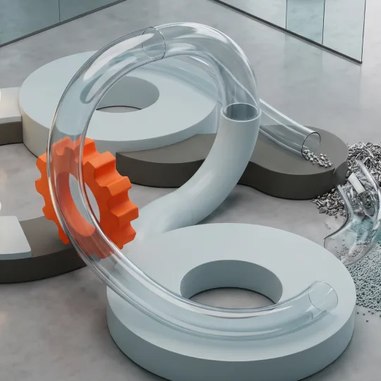 Workshop The ABCs of Sustainability in Your Classroom Abstract three-dimensional composition featuring curved grey geometric structures, transparent looping tubes and an orange gear, arranged on a light grey platform.