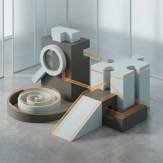 Workshop “Essential Elements of Problem-, Project-, Inquiry-, Challenge- and Phenomenon-Based Learning Scenarios” Abstract three-dimensional composition featuring a curved transparent glass tube, geometric blocks, a sphere and angular structures in soft grey and blue tones, with warm light accents.