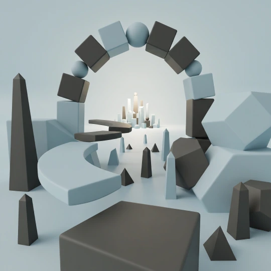 Workshop When a Dragon Meets Geiger Abstract three-dimensional composition featuring a circular arch made of geometric blocks, surrounded by curved platforms, cones and angular shapes in soft grey, blue and charcoal tones.